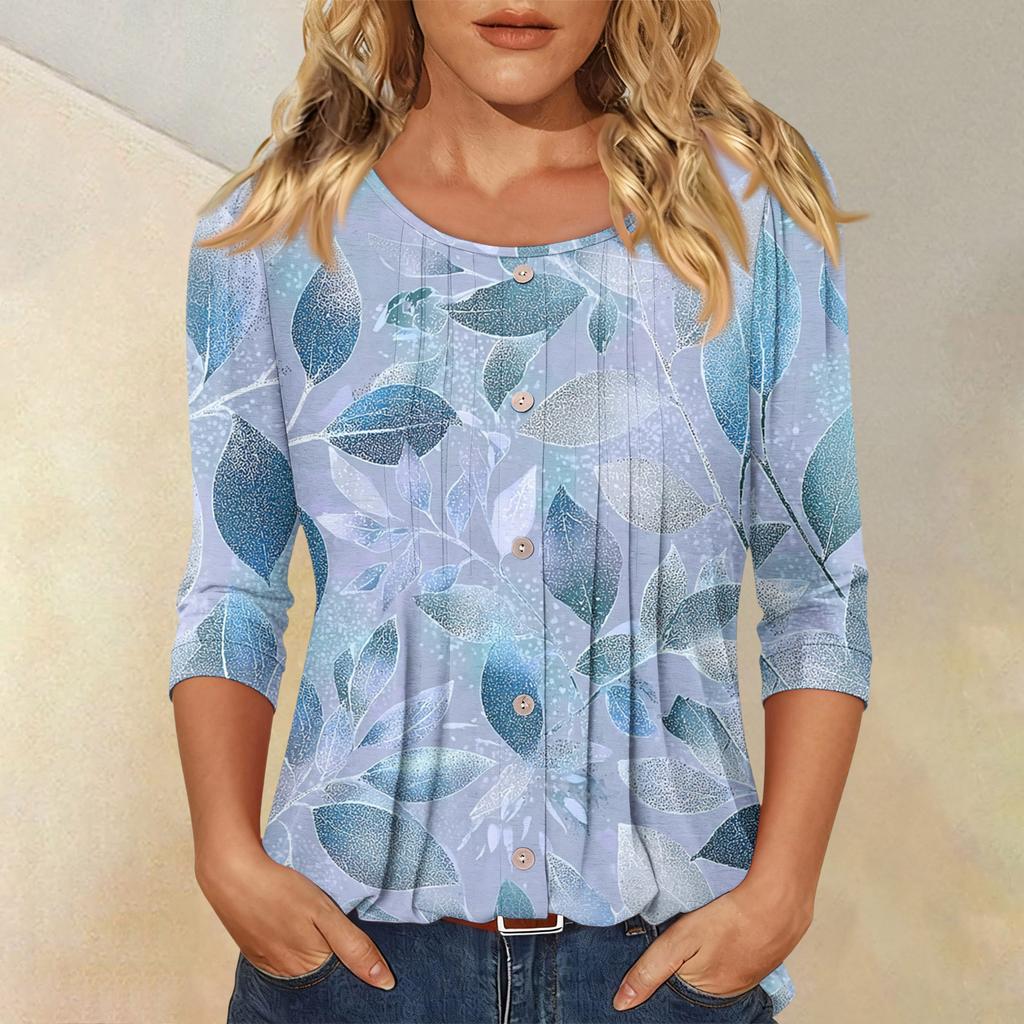 Damen Modisches Lässiges Dreiviertelarm Knopfleisten Oberteil mit Blumenmuster und Rundhalsausschnitt