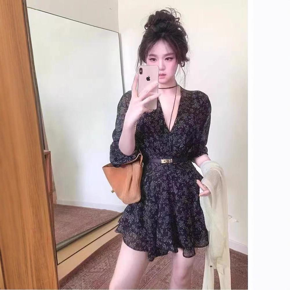 French temperament v-neck floral dress women's autumn new high-end small waist and thin short skirt
