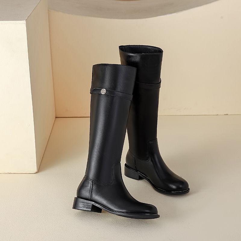 

Нишевые ботфорты до колена на толстом каблуке, женские 2025 новинка, корейская версия, высокие рыцарские сапоги, маленькая золотая пряжка, женские кожаные сапоги 41