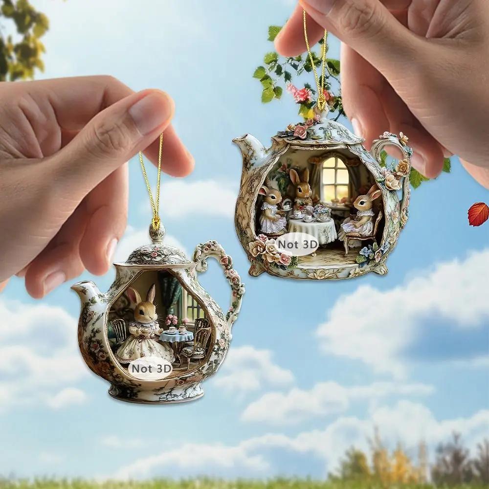 New 2D Acrylic Rabbit in Teacup Pendant Flat Bag Pendant Charms Christmas Hanging Pendants Christmas Tree Ornament New Year Gift