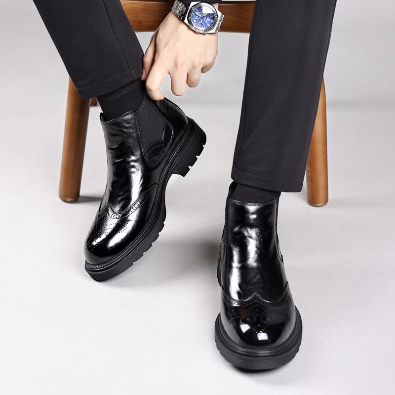 Men's Genuine Leather Chelsea Boots, Versatile Velvet-Lined Mid-Calf, Breathable, Trendy Snow & Martin Boots