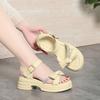 5.5cm Comfortable Soft Leather Bow Rhinestone Sandals Platform Shoes 2025 Summer Med Square Heels Sandals for Office Mom Daily