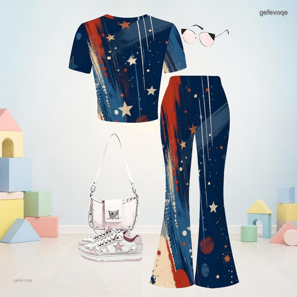 Girls Abstract Printed Round Neck Short Sleeve Top Flared Pants Two Piece Set