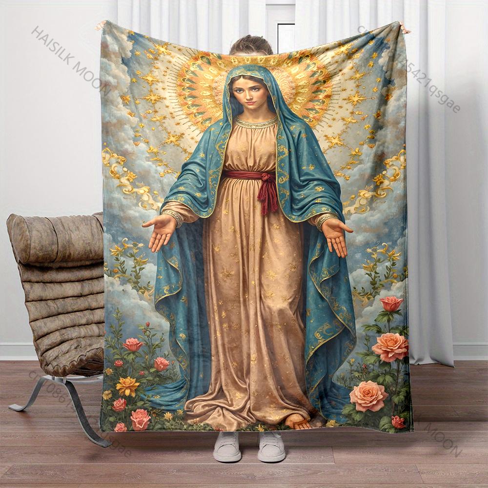 1PC Virgin Mary with Floral Halo Print Blanket Warm Soft Fluffy Kids and Adult Sofa Bed Throw Blanket Outdoor Travel Camping RV