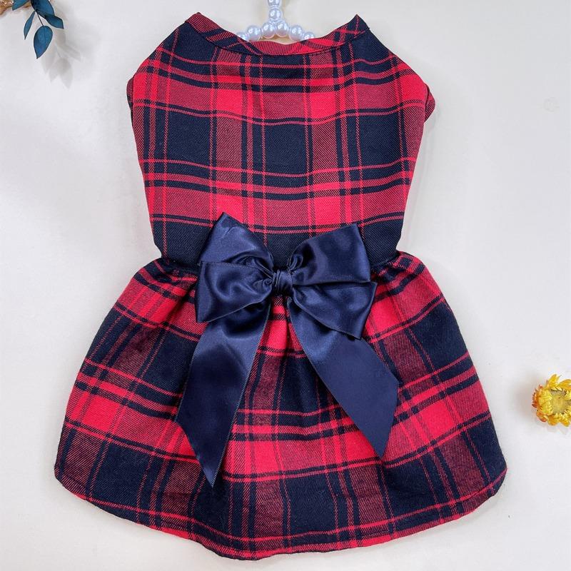 

Four Seasons Pet Dog Cat Bow Dress Big Grid College English Style Apparel Clothing for Small Pets Dog Costume Puppy Clothes 2.5-4kg красный