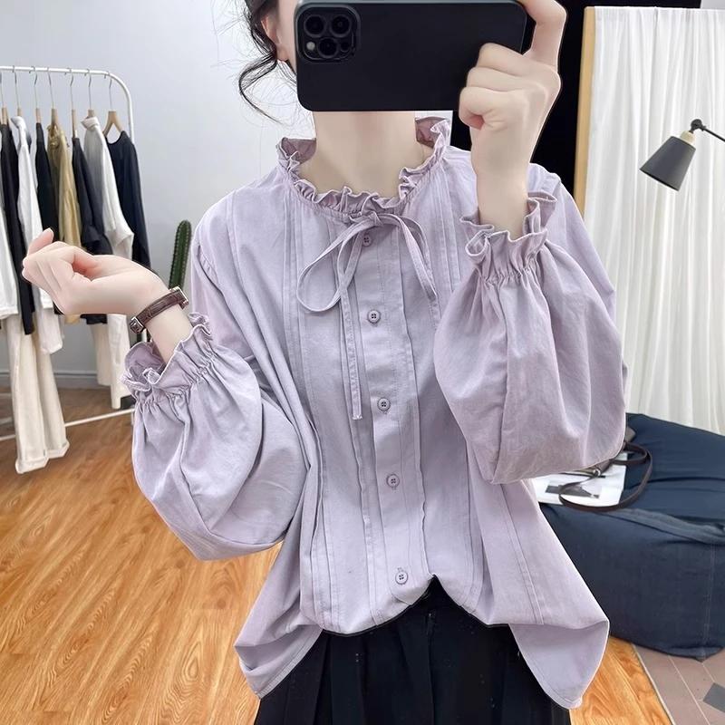 Spring Dress Lotus Leaf Collar Tie Pure Cotton Loog Sleeve Women's Top 2025 New Versatile Shirt