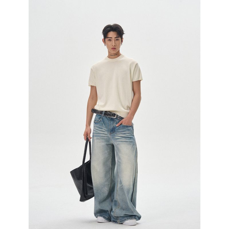 Kisko Simple Basic Round Neck Ice Silk Boxy Knit Short-Sleeve T-Shirt for Men and Women, Summer High-End Loose Fit Trendy Tee