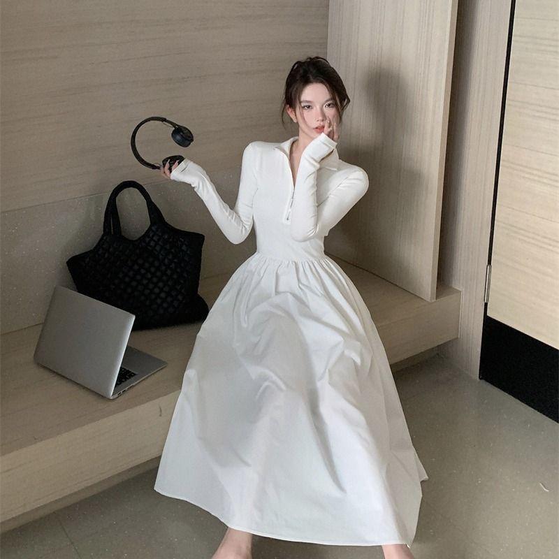 Francouzský high-endový temperamentní stahující pas základní vrstva bílé pletené šaty s dlouhým rukávem dámské podzimní