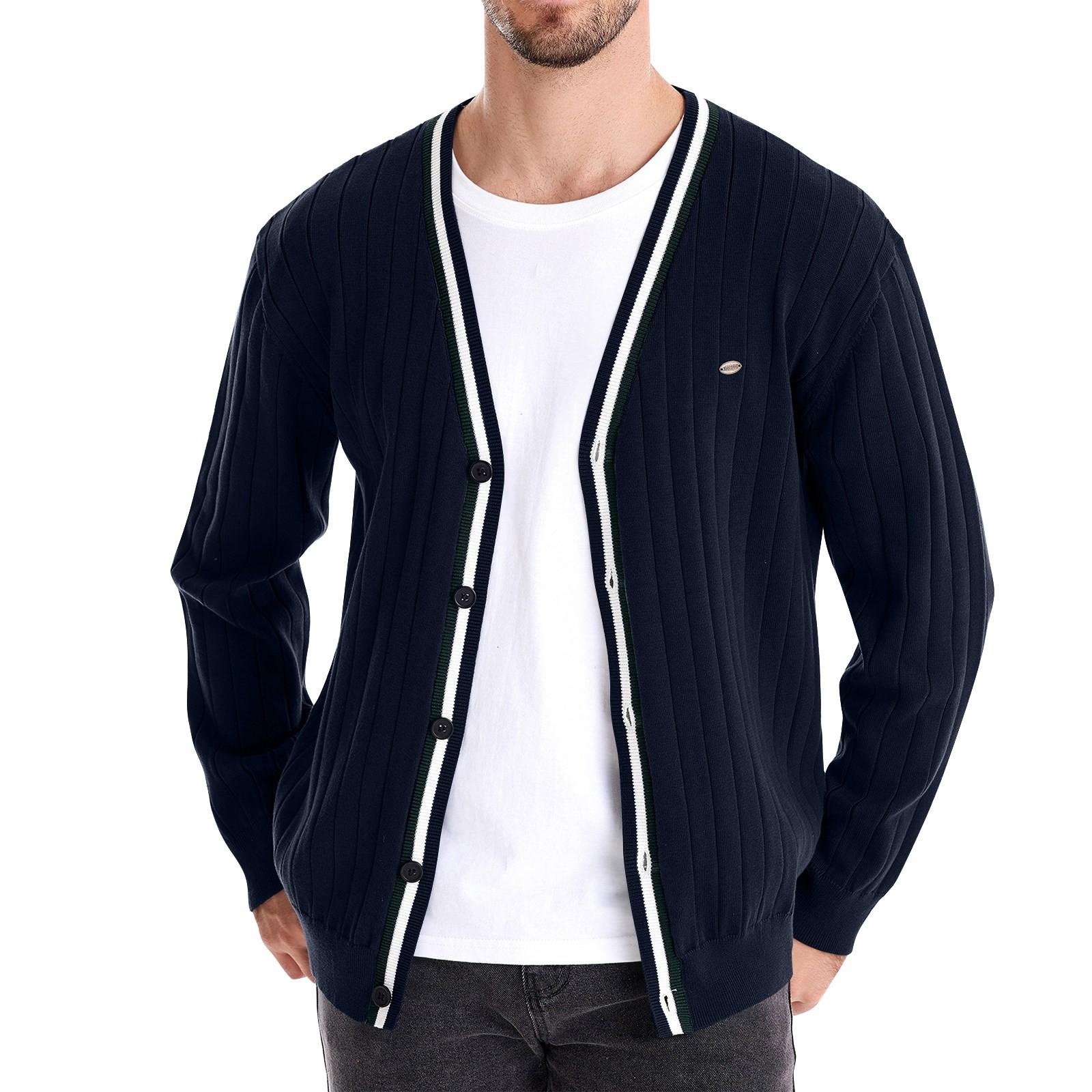 

Мужская зимняя куртка с V-образным вырезом и длинными рукавами, контрастная цветная отделка, мужской свободный однотонный вязаный кардиган L тёмно-синий