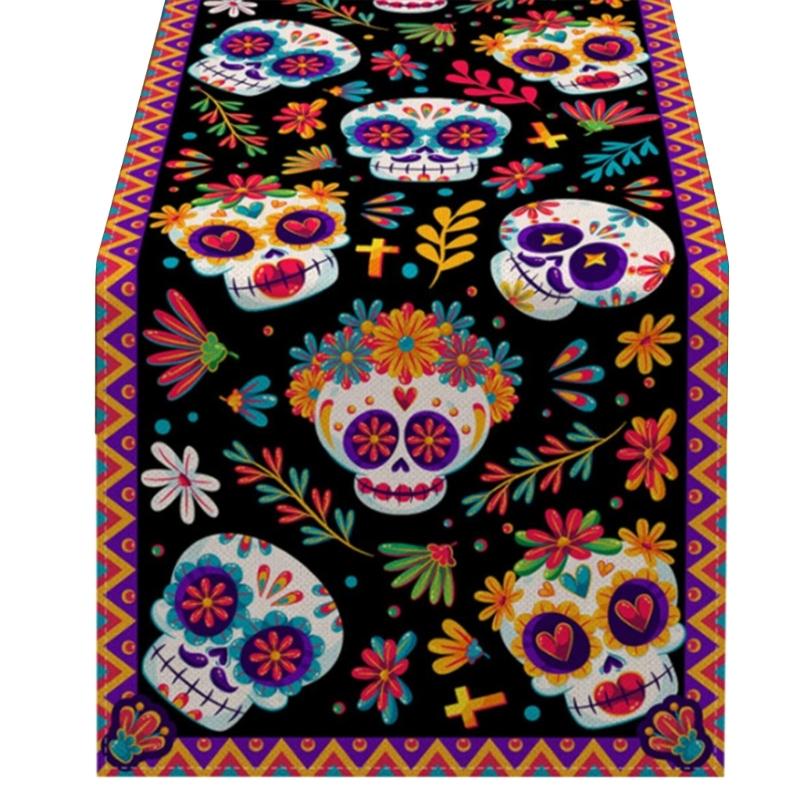 Horror Halloween Skull Table Runner Ethnic Mexico Flower Table Runner Day of The Dead Kitchen Dining Tablecloth Table