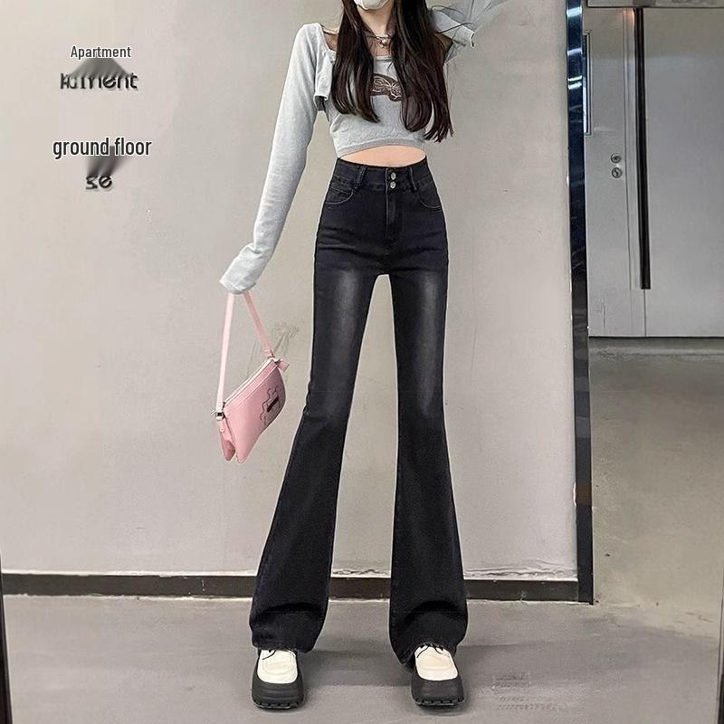 

Women s Black-Gray Micro-Flare Jeans: 2024 Autumn High-Waisted Slimming Fit S