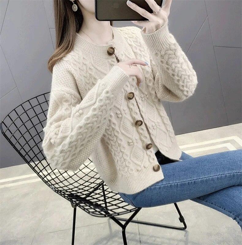 Solid Color Twist Knitted Cardigan Women's Spring Autumn Short Ladies Sweater Coat Korean Elegant Long Sleeve Tops