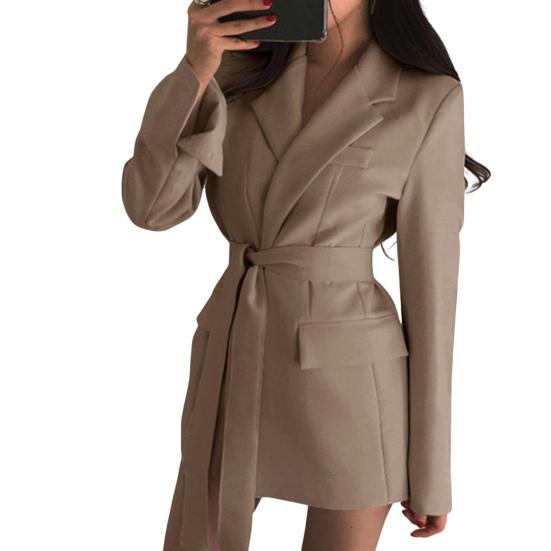 Spring Autumn Suit Coat Lapel Long Sleeve Lace-up Strap Waist Suit Jacket Solid Color Flap Pockets