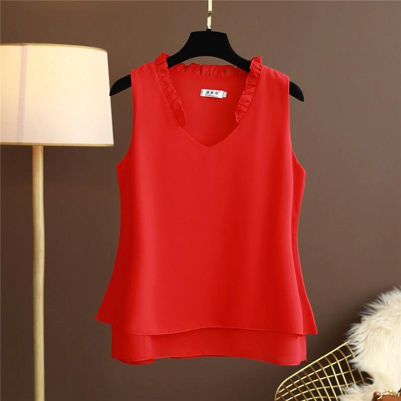 Women's Summer Solid Color V-Neck Plus Size Chiffon Shirt Design Loose Sleeveless Bottom Tank Top