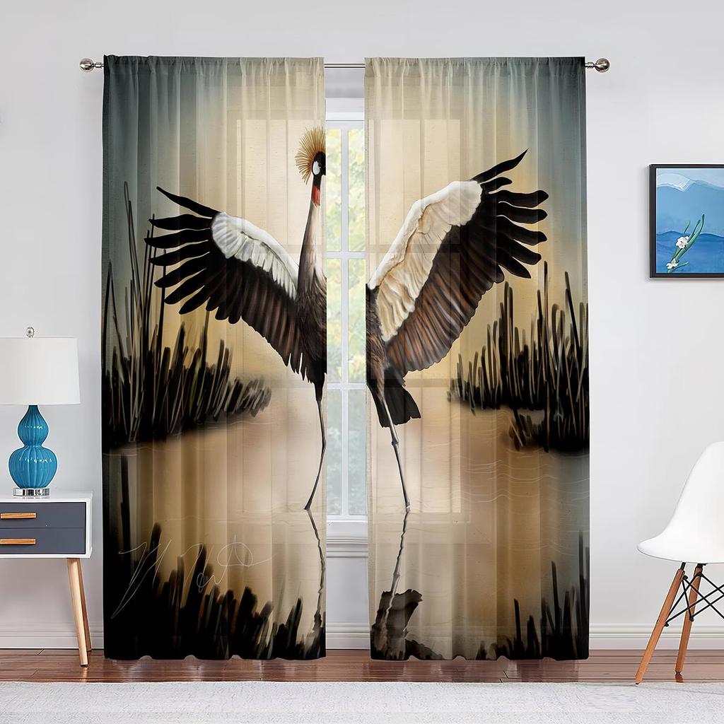 Mandschurenkranich, der die rote Sonne fliegt, Tüllvorhang für Wohnzimmer, Schlafzimmer, Dekor, transparente Vorhänge, Zimmer, Küche, Fensterbehandlung