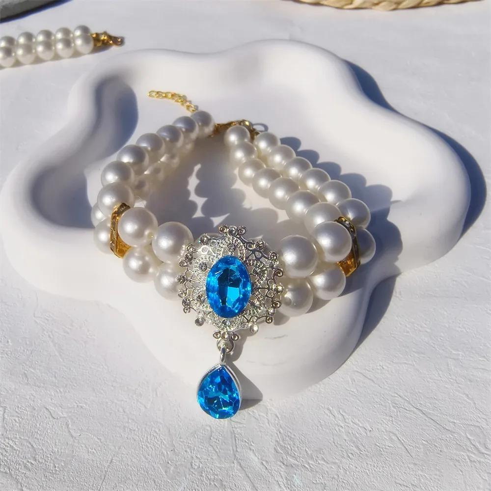 1pc Luxury Double Layer Pearl Pet Necklace with Diamond Pendant Wedding Costume Dog Cat Crystal Jewelry Accessories Pet Supplies