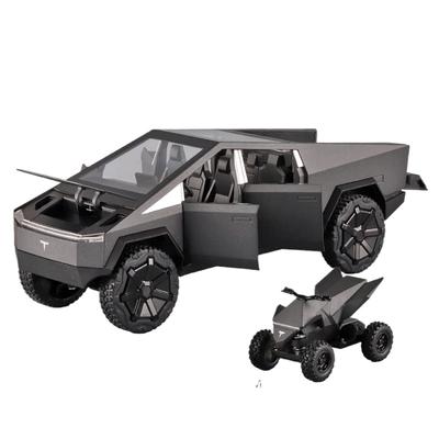 1/24 Tesla Cybertruck Pickup with Motorcycle Alloy Car Model Diecast Toy Vehicle Sound and Light Simitation Cars Model Toys Gift