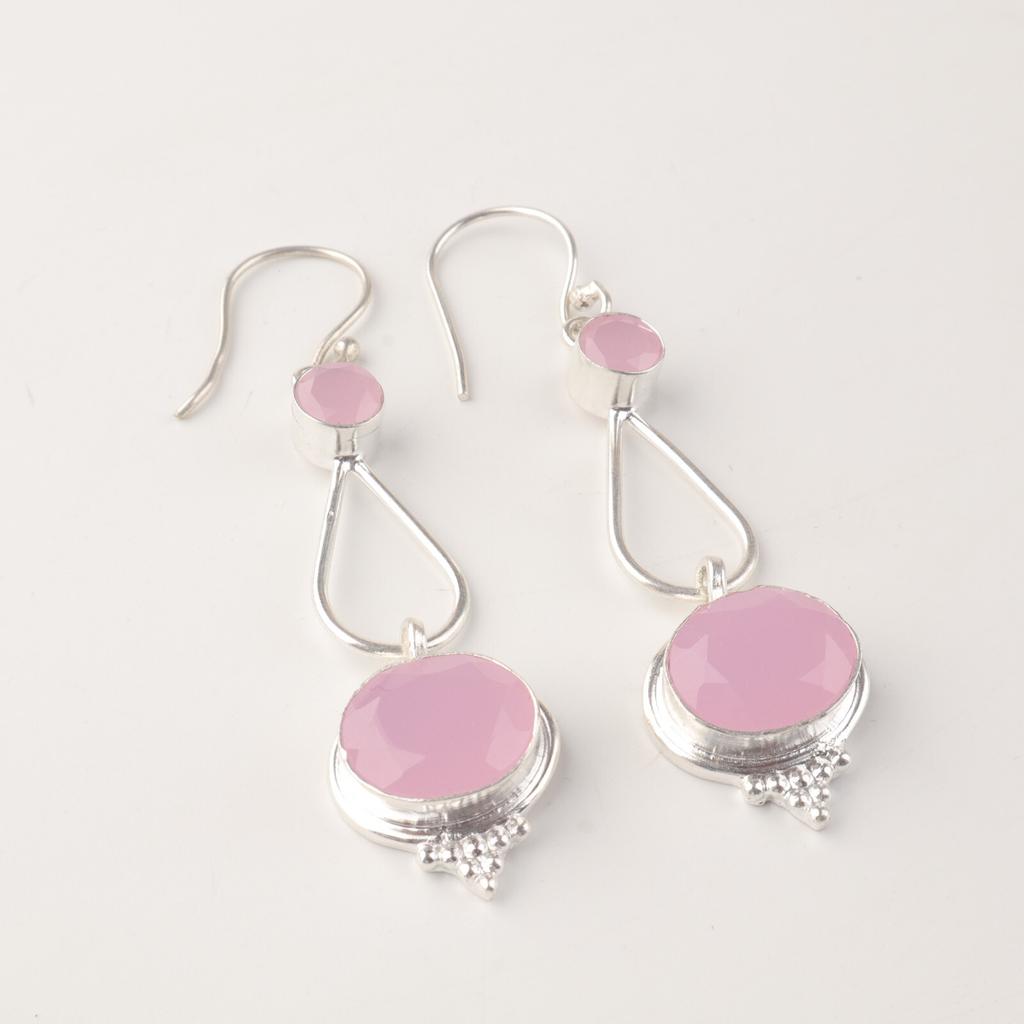 Rose Chalcedony Gemstone 925 Sterling Silver Jewelry Handmade Earrings 2.50" EE-132-10