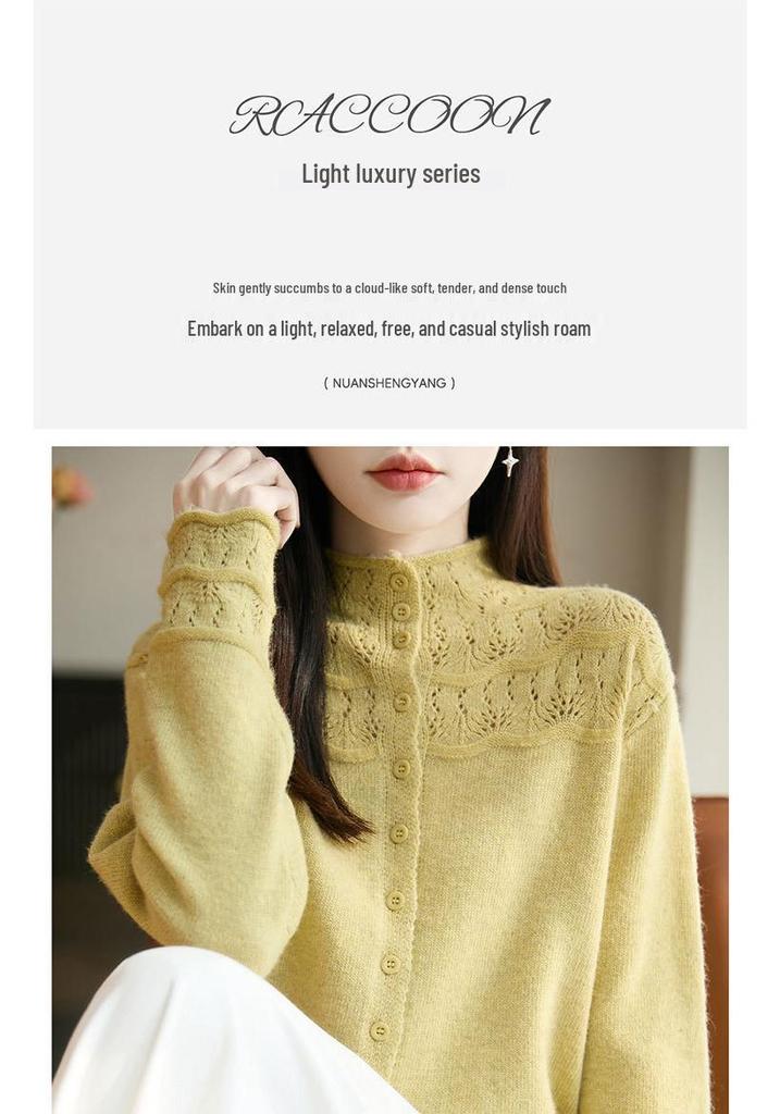 Pink Hollow Out Half-High Neck Cardigan Sweater - Women's Loose Fit Autumn/Winter Fashionable Outerwear