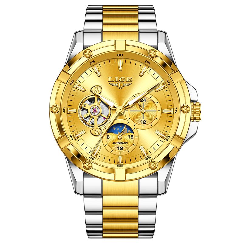 

LIGE Новые часы-турбийон с автоподзаводом для мужчин, модные деловые часы, мужские роскошные спортивные водонепроницаемые мужские механические часы серебряный/золотой