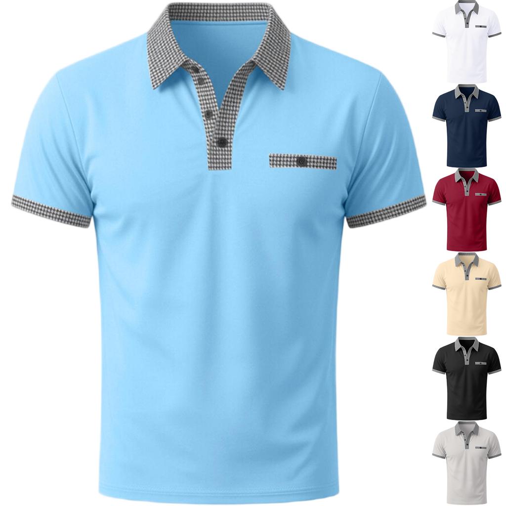 Polo Estiva da Uomo a Colore Unito Manica Corta Casual Traspirante Leggera Misto Cotone Top con Collo e Polsini a Quadretti