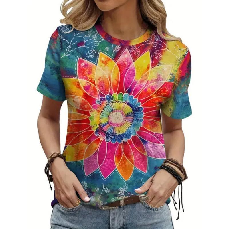 Digital Printed Pattern Women's Flower Short Sleeved Round Neck T-shirt