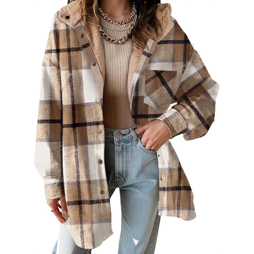 Women's Fashion Classic Casual Fleece Check Jacket Long-Sleeved Autumn/Winter Button-Fastening Colour-Block Hooded Coat