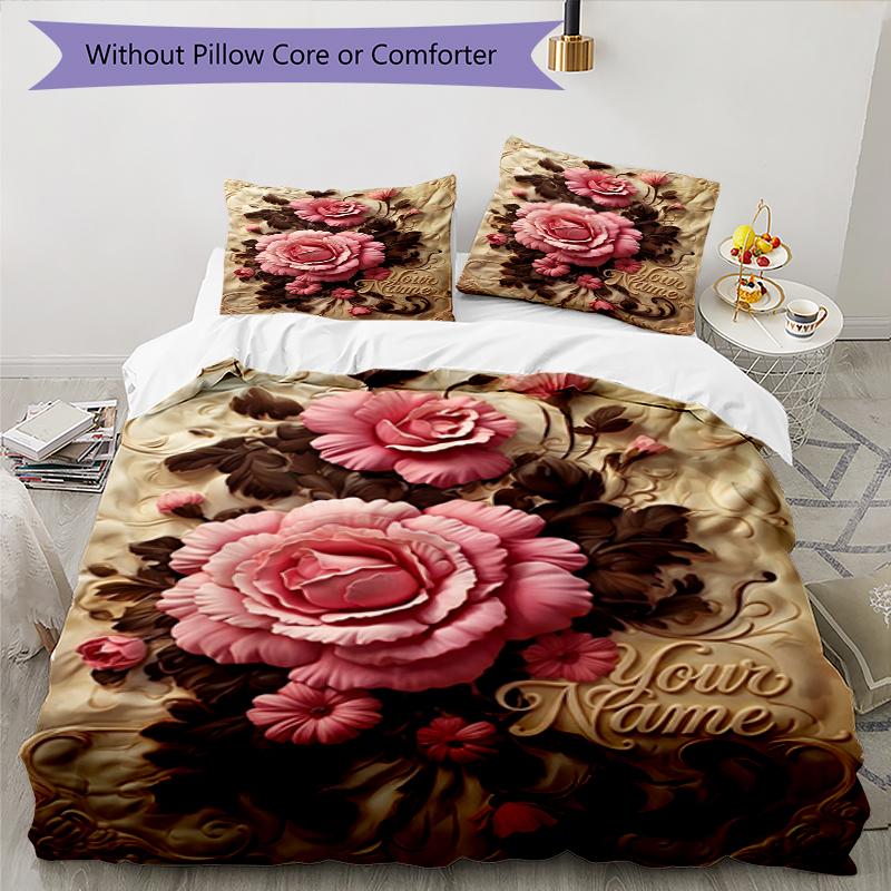 3pcs Custom Name Floral Artwork Printed Bedding Set Duvet Cover Closure Includes 1 Duvet Cover & 2 Pillowcases, Soft and Comfortable for All Seasons.