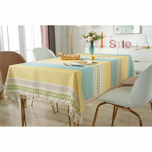 Water-Repellent Rectangular Tablecloth with Nordic and Pastoral Stitching and Tassels, Stylish Table Cover for Dinner and Picnics, Washable, Home Deco