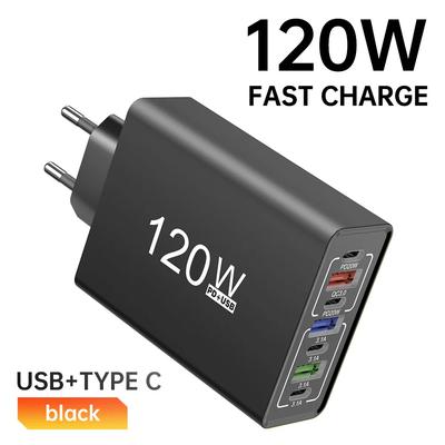 120W Multi Ports USB Charger Type C Fast Charging Phone Charge Adapter For iPhone Samsung Xiaomi  EU/US Plug Wall Charger