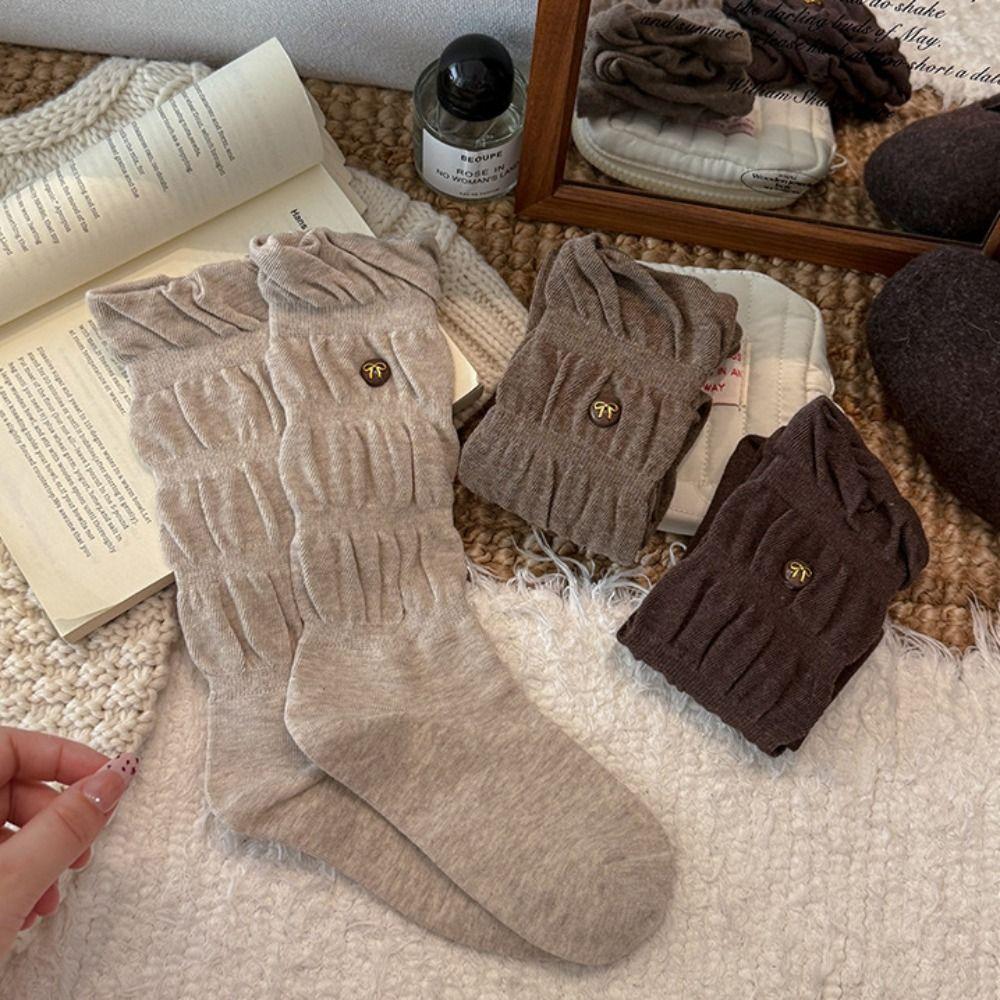 Cotton Blend Mid-calf Knit Socks Bow Button Ballet Winter Socks for Winter Warmth