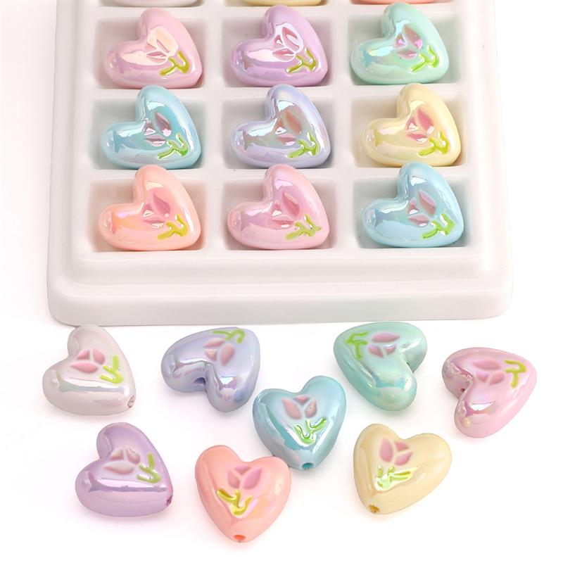 2pcs [20x19mm] Tulip Love Heart Beads Cream Peach Heart Acrylic Beads Mobile Phone Chain Backpack Ornaments DIY Accessories