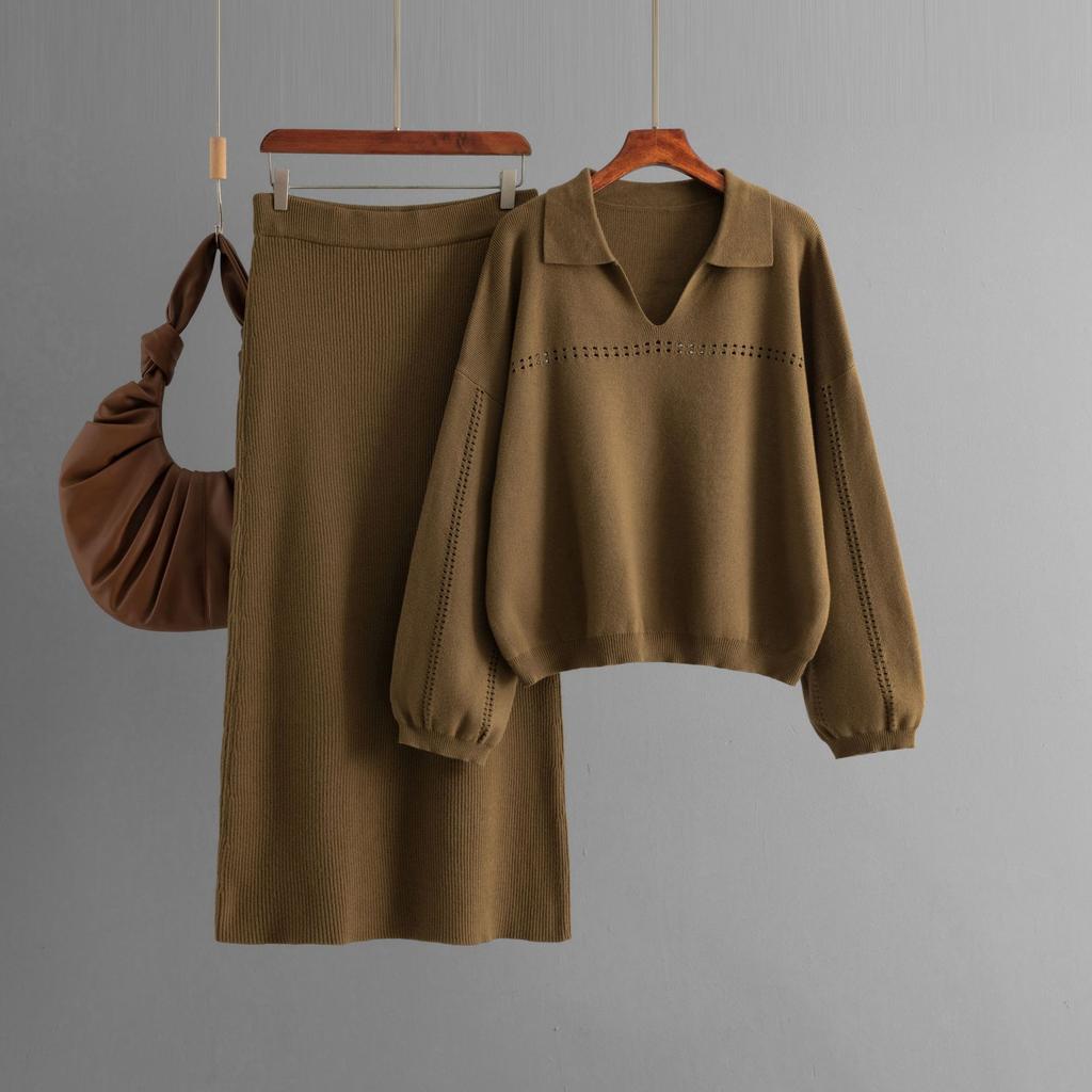 HNXC Autumn and Winter Knitted POLO Collar Simple Skeletonized Solid Color Loose Long Dress Set