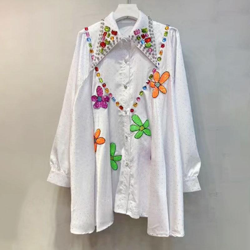 European trendy brand heavy industry hot diamond shirt women s spring and autumn new beaded lapel loose shirt slim top One size fits all