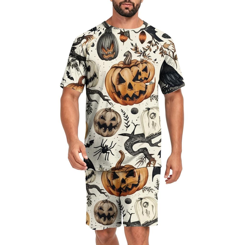 Men's Halloween Casual Pajama Set Short Sleeve Top and Shorts Comfortable Lightweight Sleepwear Set with Pumpkin and Bat Print for Home Use