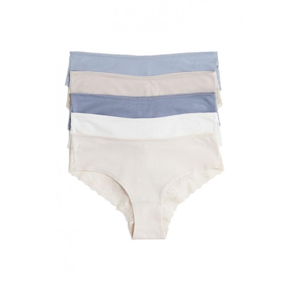 

H M Hipster 5 Pack Panty Set Light Beige Dusty Blue White