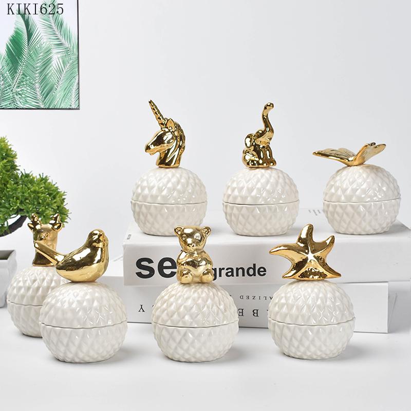 European Ceramic White Storage Jar Golden Animal Jewelry Box Household Round Candy Small Object Storage Jar Exquisite Decoration