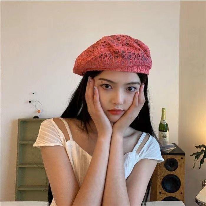 Women's Korean Style Sweet Hollow Breathable Lace Beret Summer Thin Breathable Versatile Fashionable Artist Beret Hat