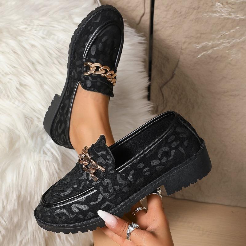 Fashion 2025 Spring New Women's Retro Leopard Pattern Chain Deisgned Thick Soled Round Head Loafers Shallow Mouth Fashion Single Shoes