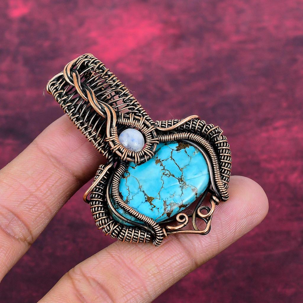 Tibetan Turquoise Pendant Copper Wire Wrapped Pendant Rainbow Moonstone Jewelry Designer Jewelry