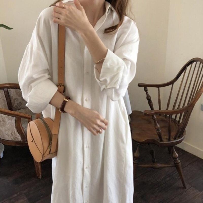 New Korean Fashion Women Shirt Long Dress Cotton and Linen Sunscreen Simple Shirt Single Breasted Lapel Solid Color Elegant Maxi Dresses Clothing 2966