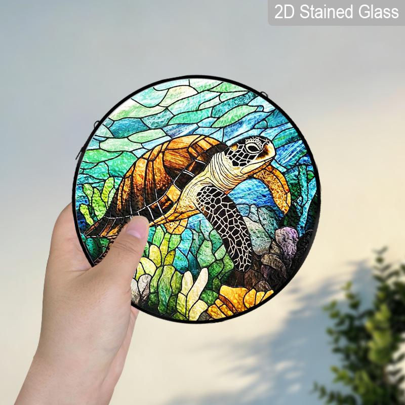 2D Flat Stained Glass Marine Themed Turtle Window Decoration, 7.87inches Colored Glass Plate with Chain, Charming Summer Sun Catcher Home Decor