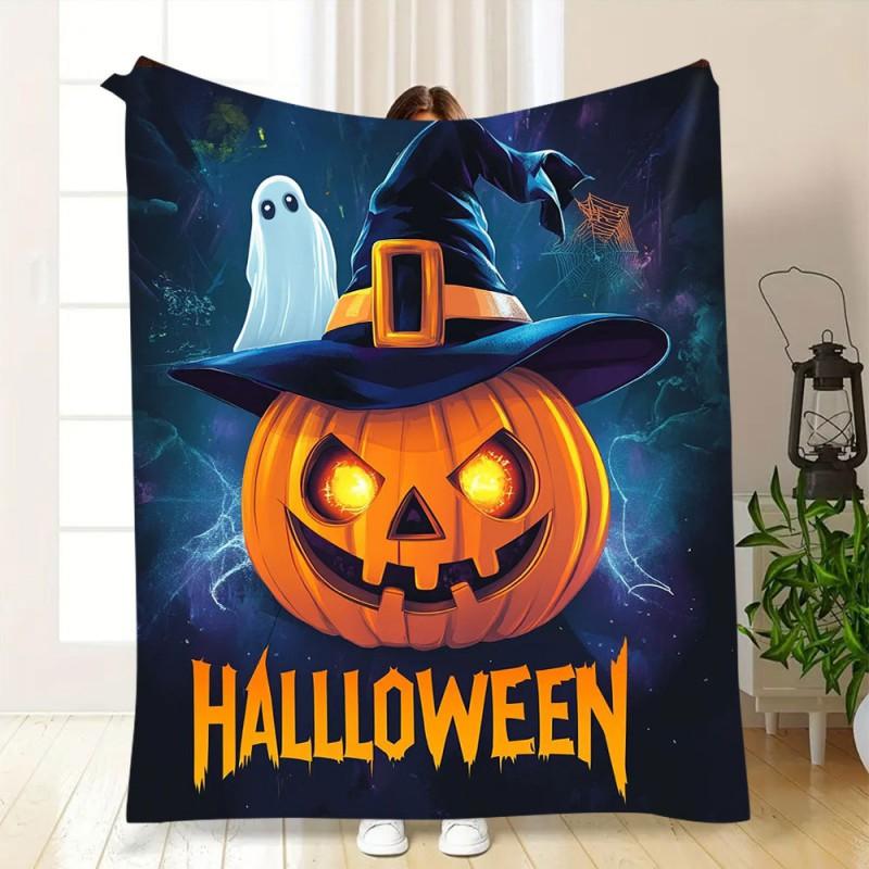 Soft Fleece Blanket With Halloween Digital Print Bed Sofa Nap Use Customizable Cartoon Geometric