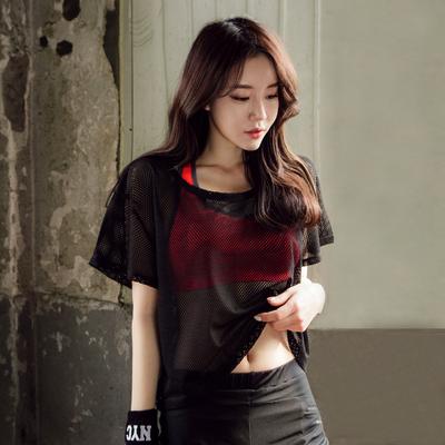 Fitness Dames Losse Korte Mouw Hardlopen Perspectief Uitgehold Sport Mesh Kleding, Mesh Ademend Sneldrogend Yoga Kleding
