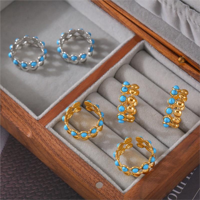 Inlaid Natural Blue Turquoise Beads Open Ring For Women Stainless Steel 18k Gold Plated Women's Finger Rings Vintage Female Ring