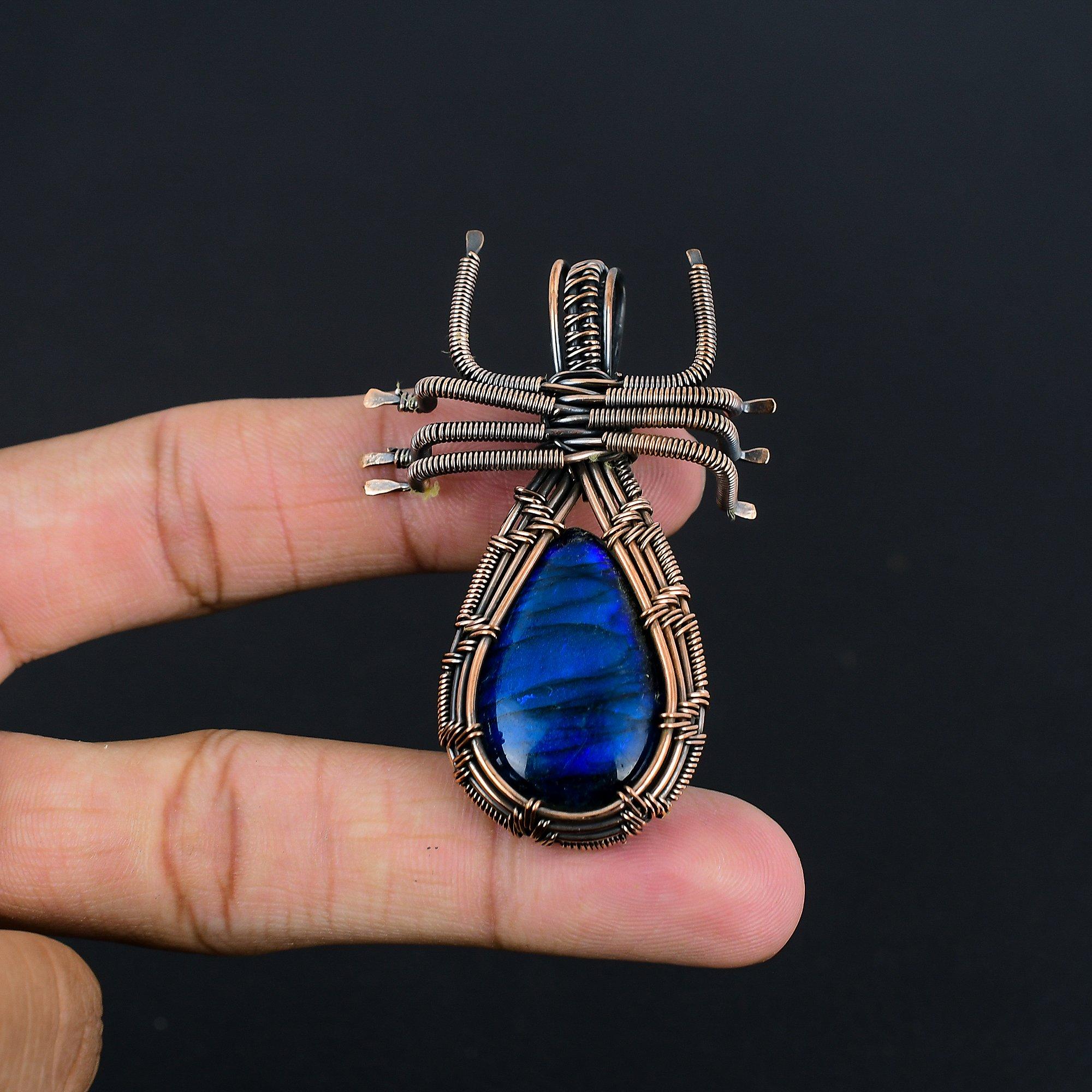 

Подвеска ручной работы из лабрадорита с голубым отблеском, украшения из натуральных драгоценных камней, подвеска, обернутая медной проволокой 999 пробы, для подарка 2.28 Inches