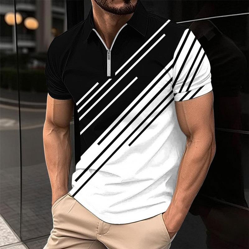 Plus Size Men's Clothing Striped Polos T-Shirts Summer Short Sleeve 3d Printed Streetwear Male Zippers POLO Tee Casual Tops
