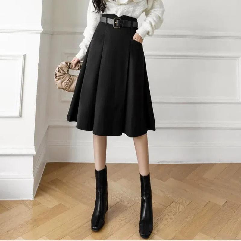 Simplicity Office Lady Autumn New Women's Elastic High Waist Solid Pocket Plaid Korean Fashion Sweet Slim Mid-leng A-line Skirt