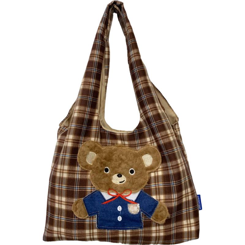 Cute cartoon embroidered tote bag large capacity Korean version plaid student shoulder bag casual going out portable shopping bag