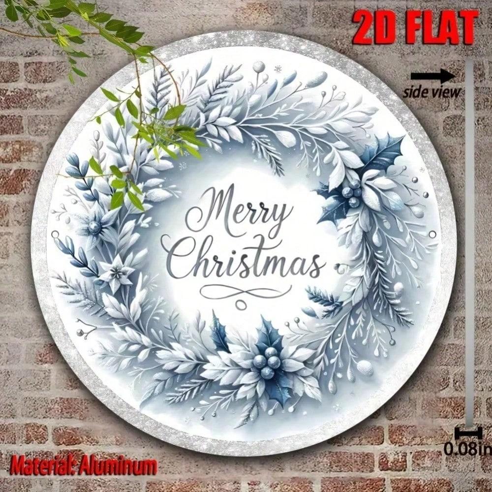 7.87" Blue White Floral Christmas Wreath Metal Sign Round Wall Decor for Home Door Window